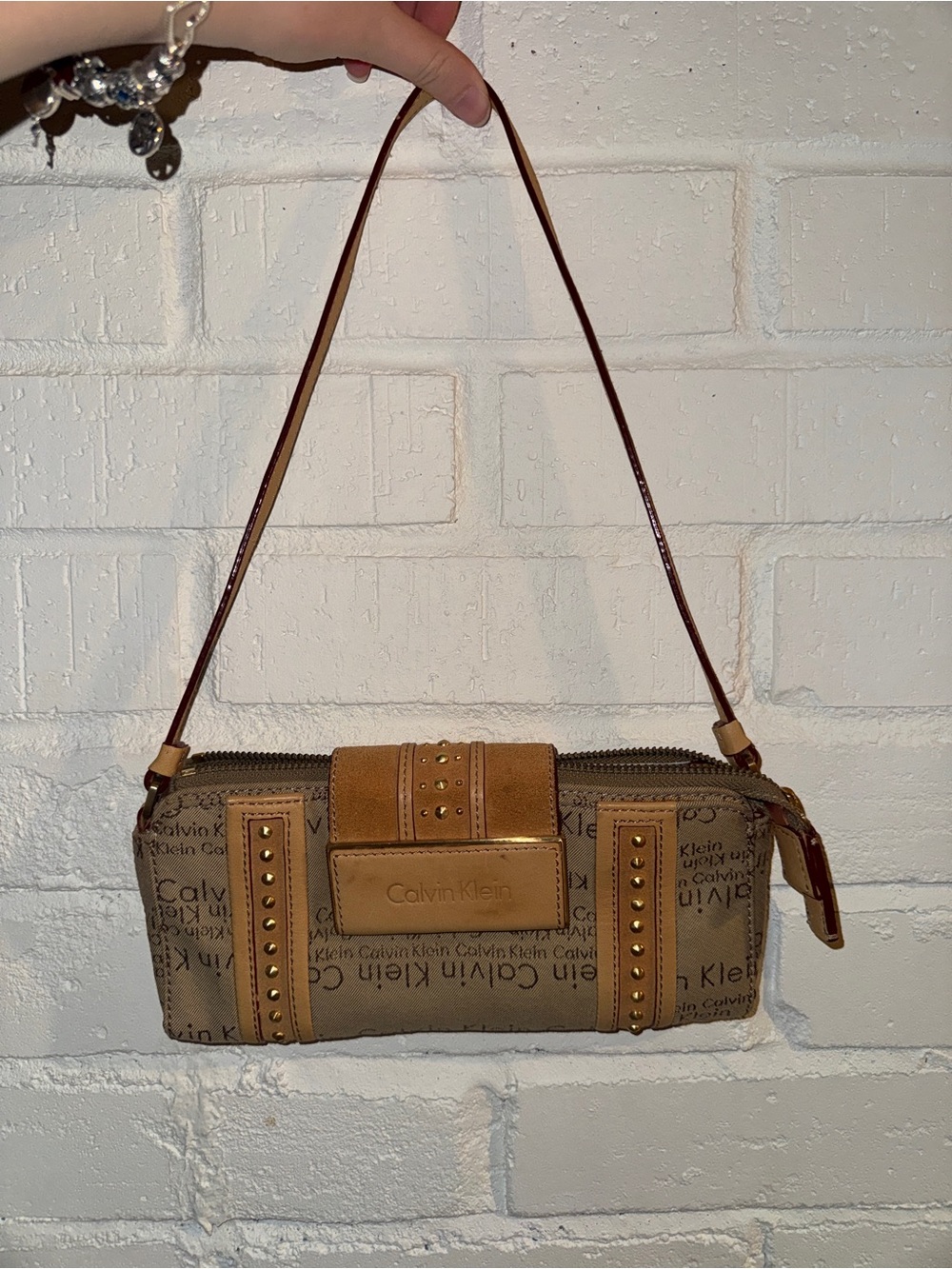 Calvin Klein Brown Logo Canvas Shoulder Bag with Studded Trim